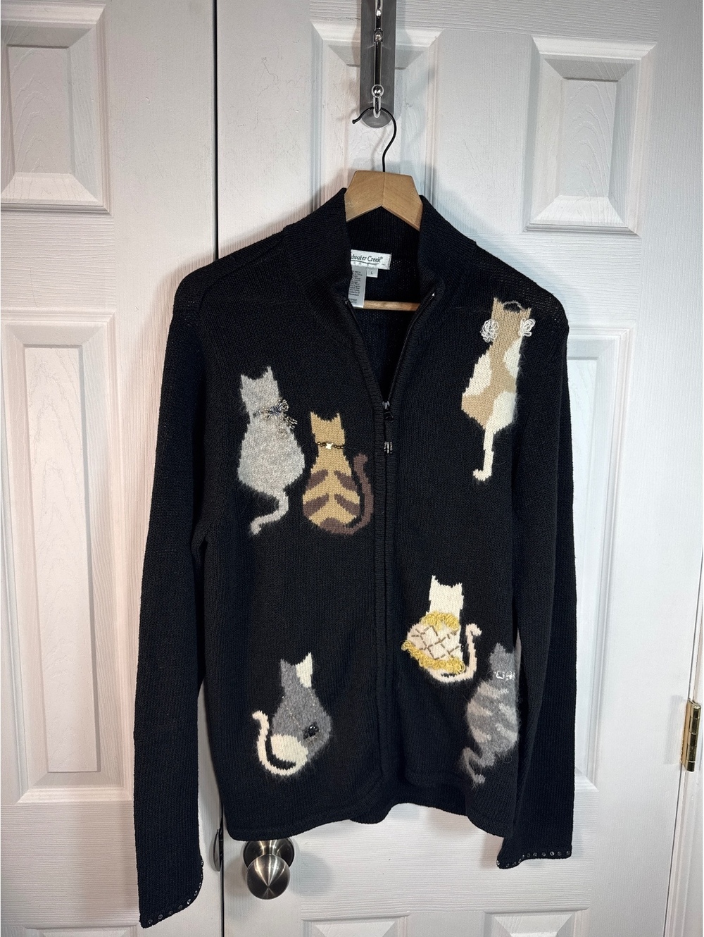 Coldwater Creek Black Zip-Up Sweater with Cat Motif Embellishments, Size L